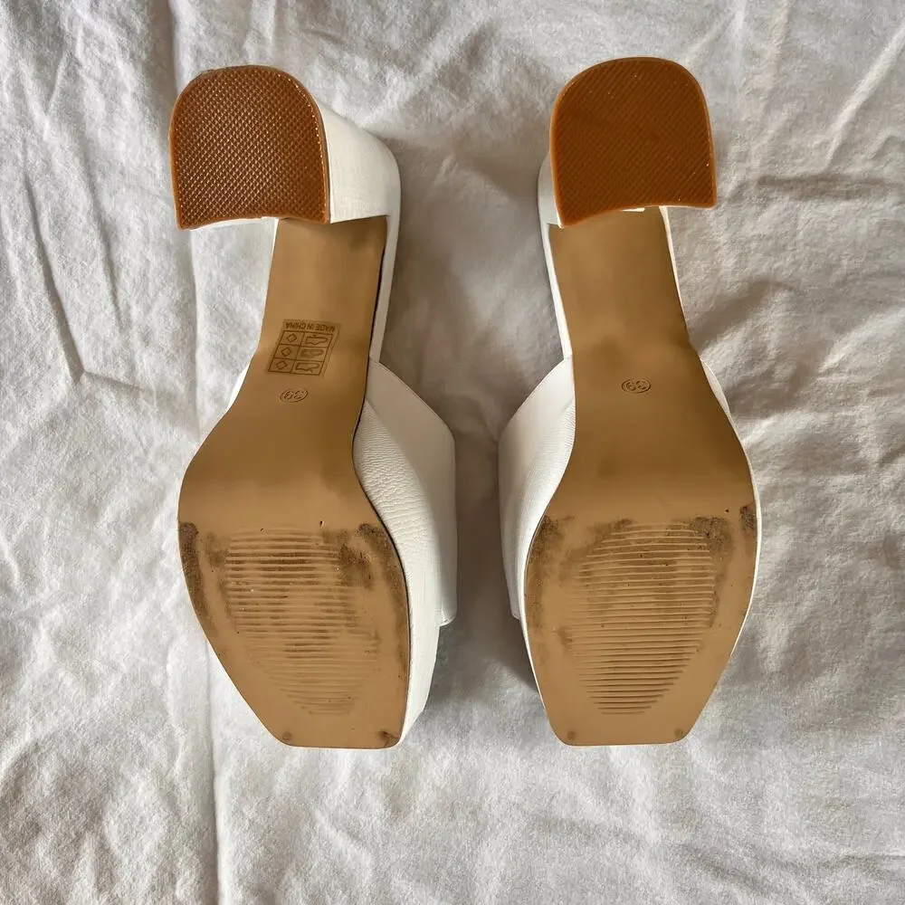 White Square Toe Block Heel Mules Slip On Open Toe Slide Sandals Size 39(US 8.5)